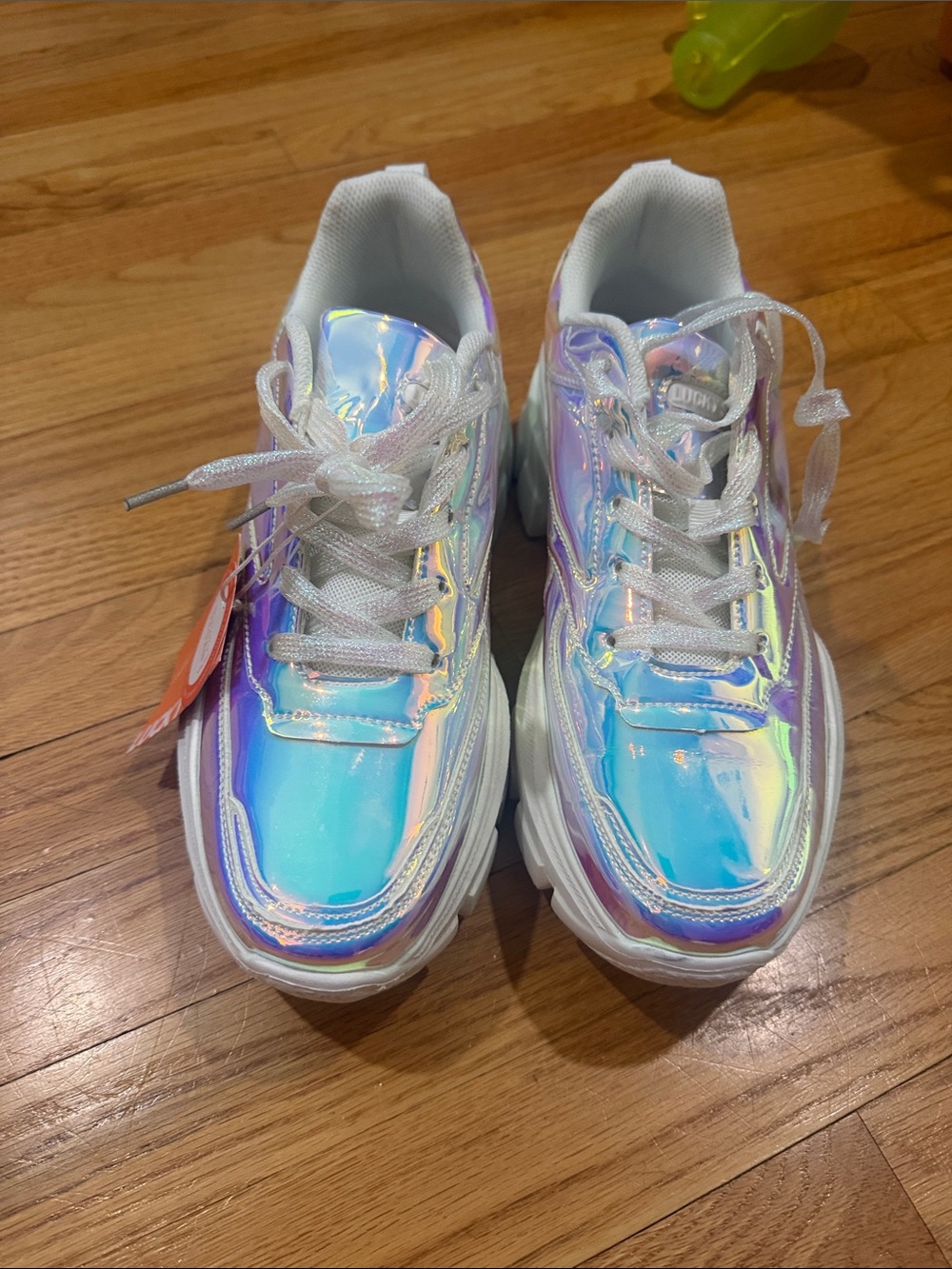 Women’s size 11 Iridescent Holographic Lace-Up Sneakers - White/Multicolor Shine